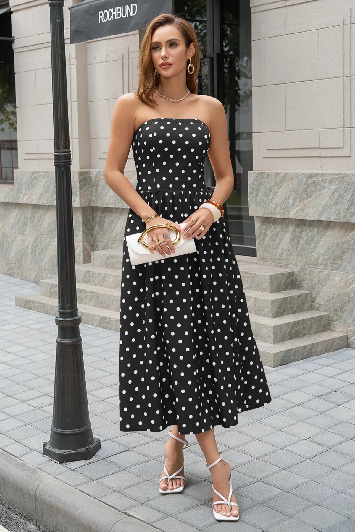 Wenrine Womens Black Polka Dot Smocked Maxi Dresses