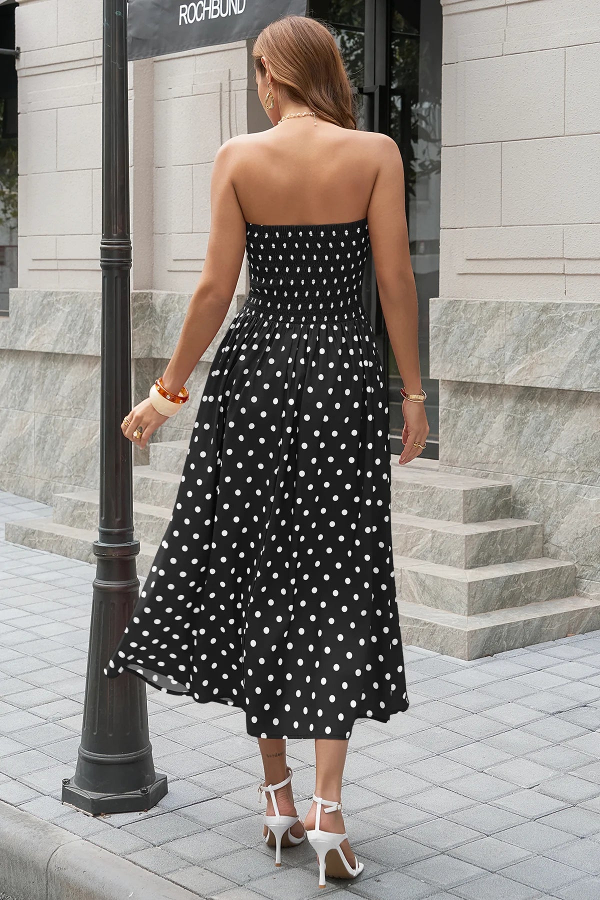 Wenrine Womens Black Polka Dot Smocked Maxi Dresses