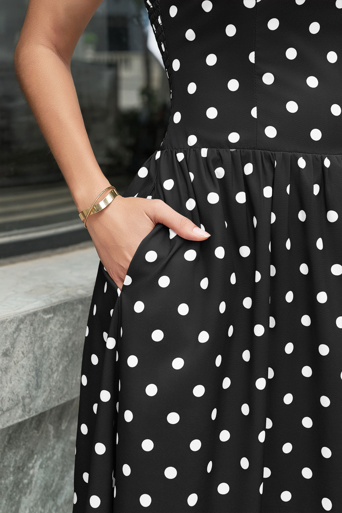 Wenrine Womens Black Polka Dot Smocked Maxi Dresses