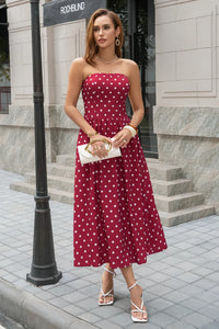 Wenrine Womens Burgundy Polka Dot Smocked Maxi Dresses