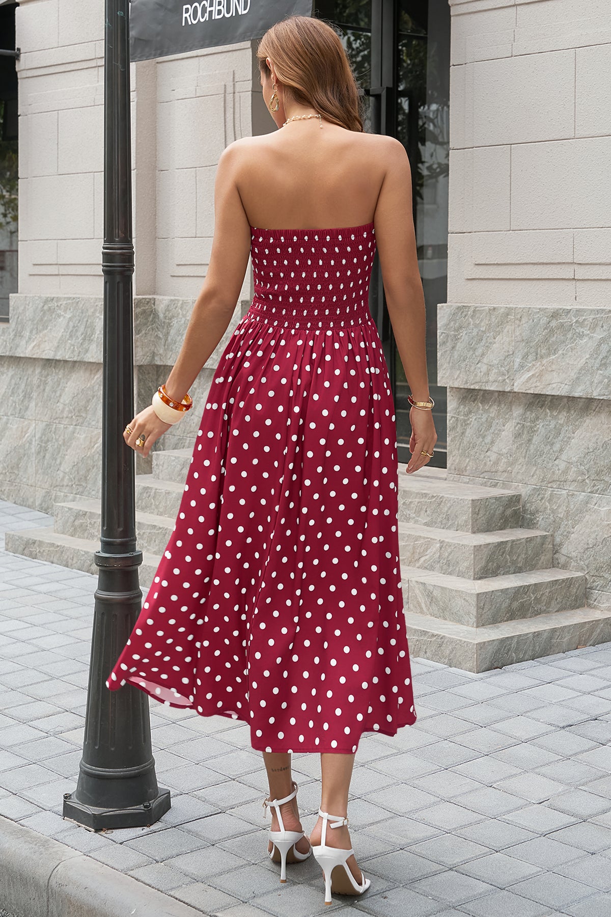 Wenrine Womens Burgundy Polka Dot Smocked Maxi Dresses