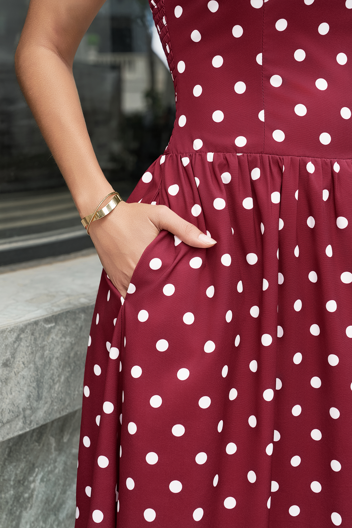 Wenrine Womens Burgundy Polka Dot Smocked Maxi Dresses