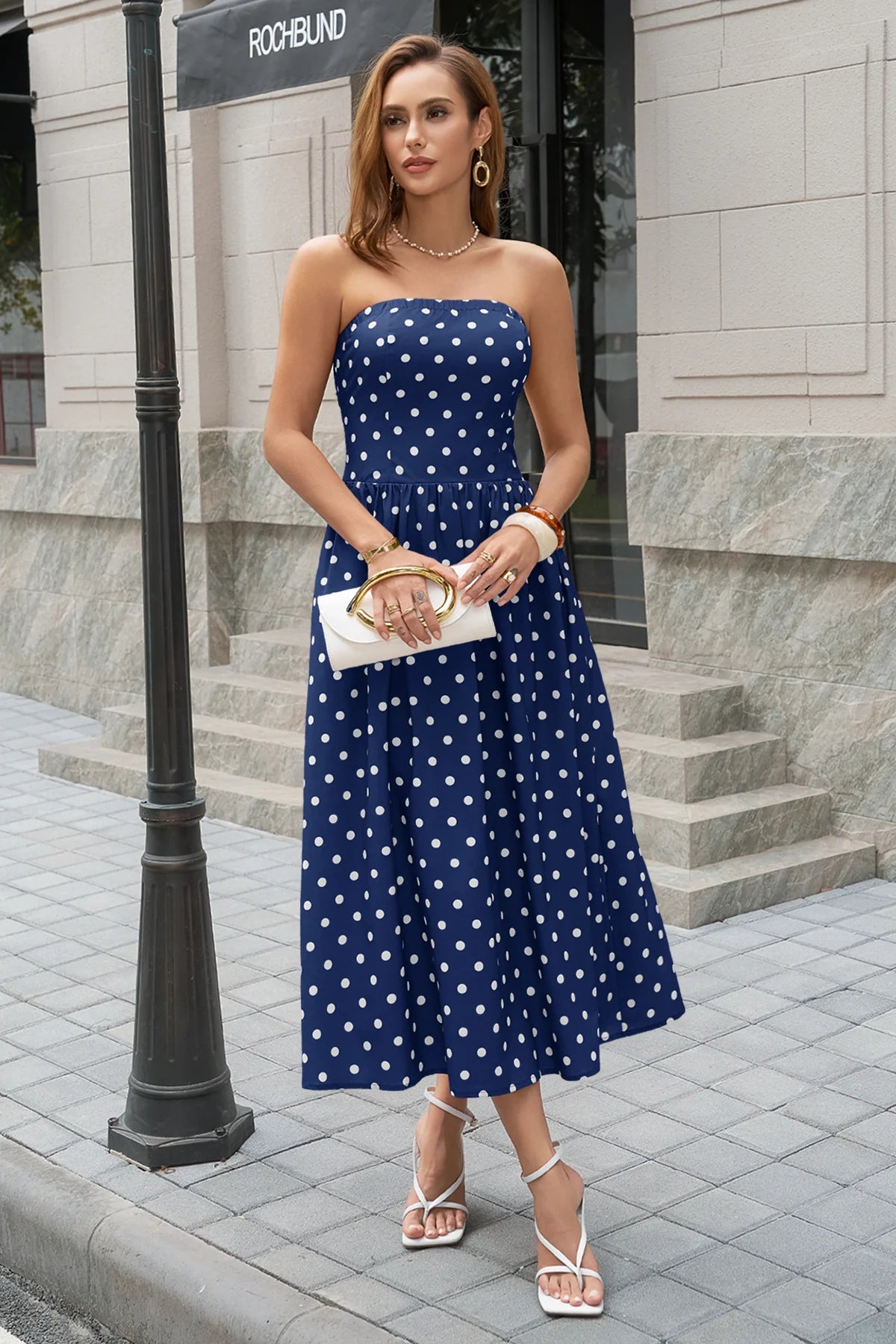 Wenrine Womens Navy Polka Dot Smocked Maxi Dresses