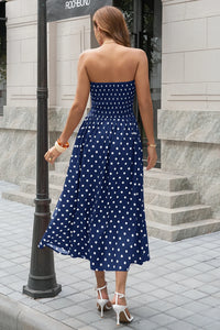 Wenrine Womens Navy Polka Dot Smocked Maxi Dresses