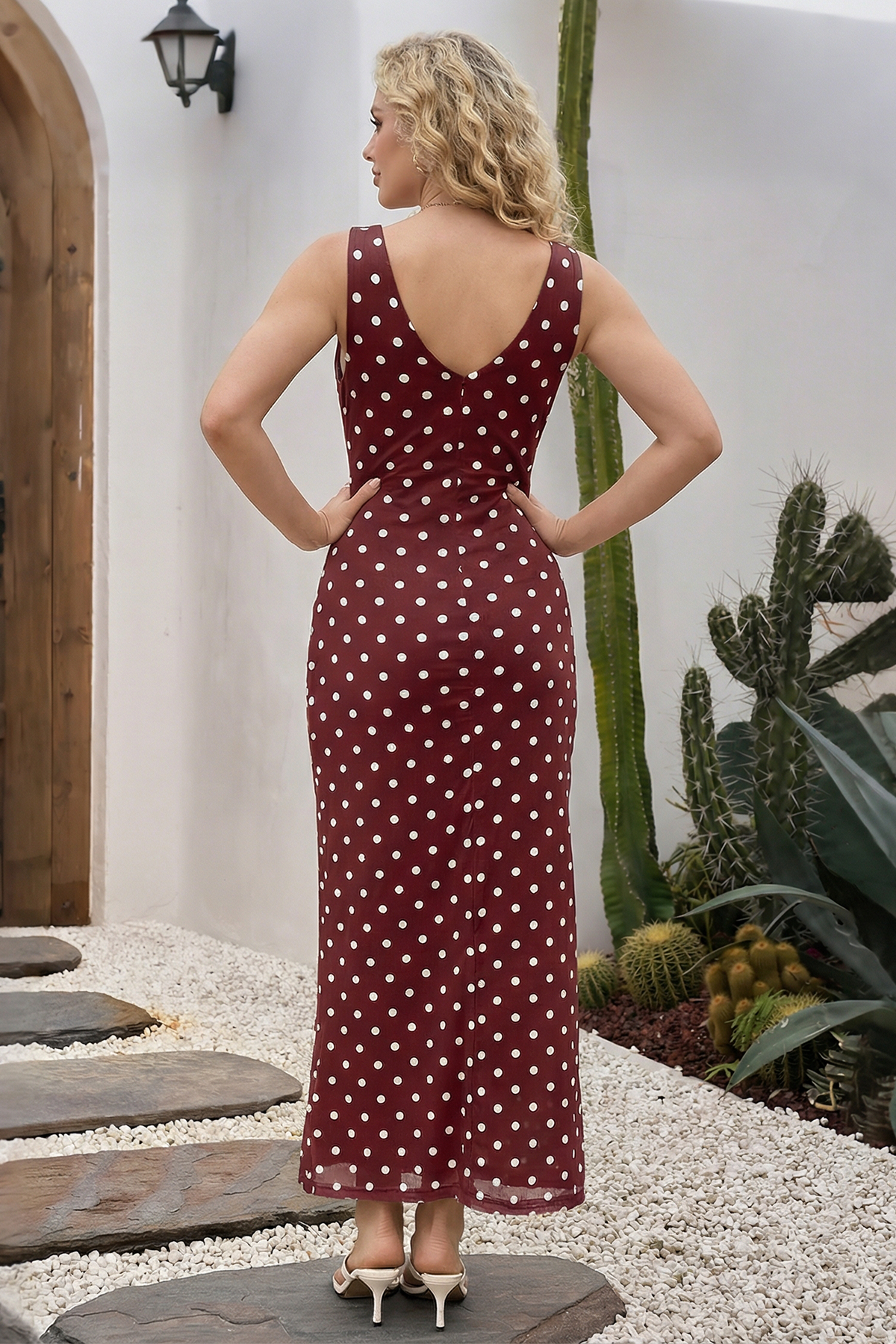 Wenrine Womens Burgundy Polka Dot Bodycon Cocktail Maxi Dress