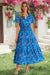 Wenrine Womens Blue Floral V Neck Smocked Tiered Maxi Dresses