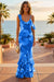 Wenrine Womens Blue Floral Spaghetti Strap Mermaid Bodycon Dress