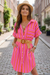 Wenrine Women's Rose Red Striped Button Up Belted Shirt Dress
