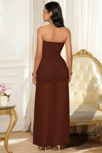 Wenrine Womens Brown Mesh Ruched Flowy Tube Top Dress