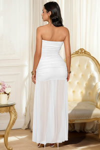 Wenrine Womens White Mesh Ruched Flowy Tube Top Dress