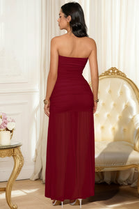 Wenrine Womens Burgundy Mesh Ruched Flowy Tube Top Dress