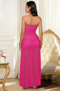 Wenrine Womens Rose Red Mesh Ruched Flowy Tube Top Dress