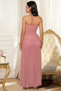 Wenrine Womens Light Pink Mesh Ruched Flowy Tube Top Dress