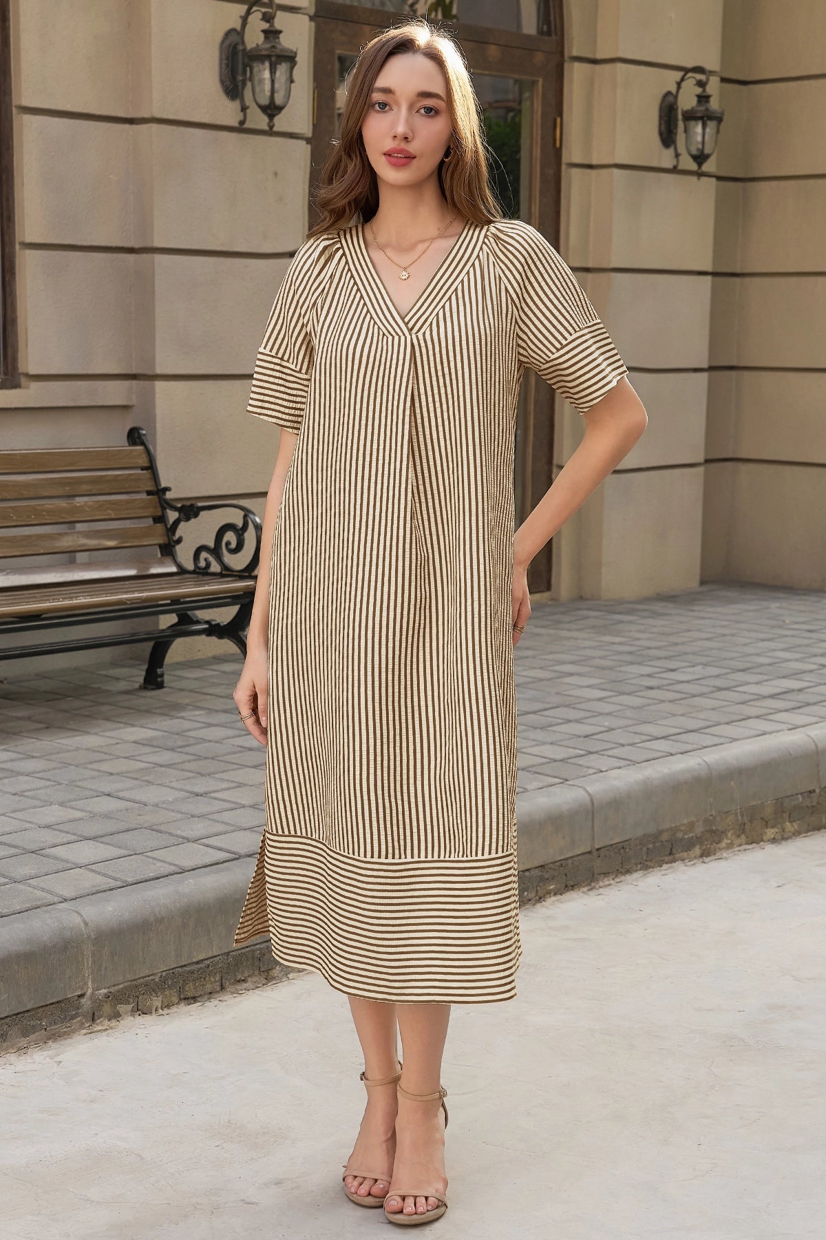 Wenrine Womens Brown Striped Side Slit Shirt Maxi Dress