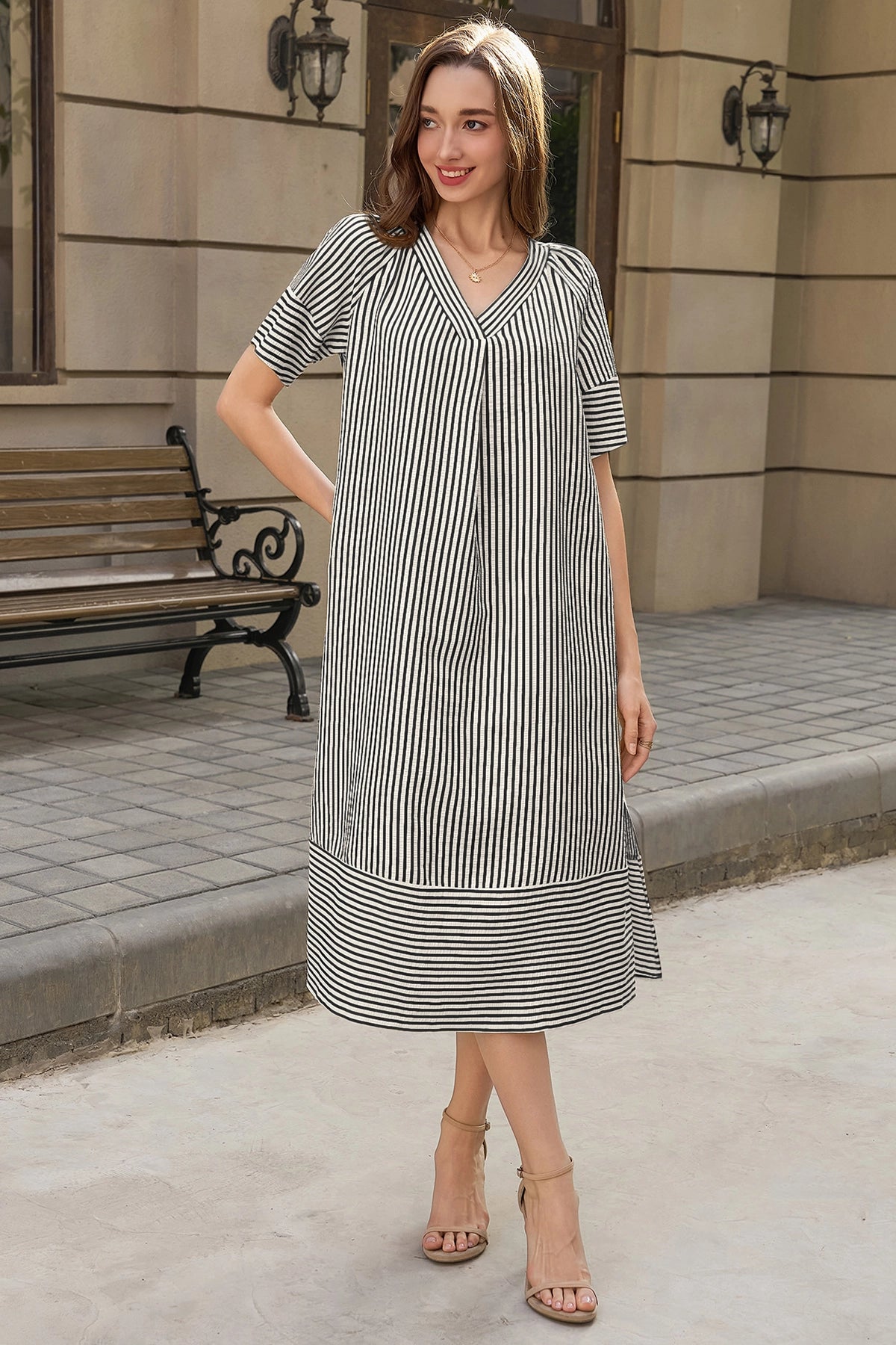 Wenrine Womens Black Striped Side Slit Shirt Maxi Dress