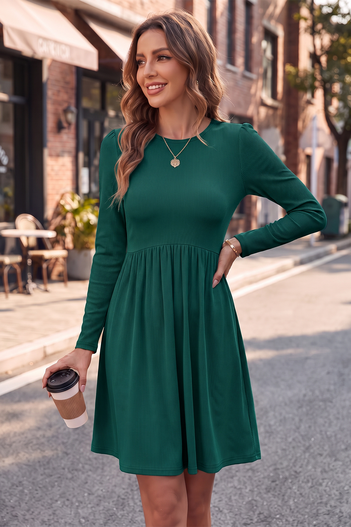 Wenrine Womens Dark Green Long Sleeve Mini Dresses