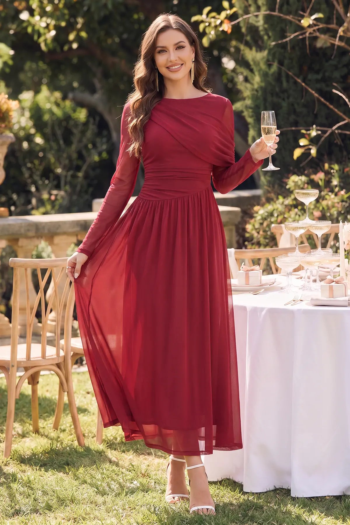 Wenrine Womens Burgundy Long Sleeve Maxi Dress