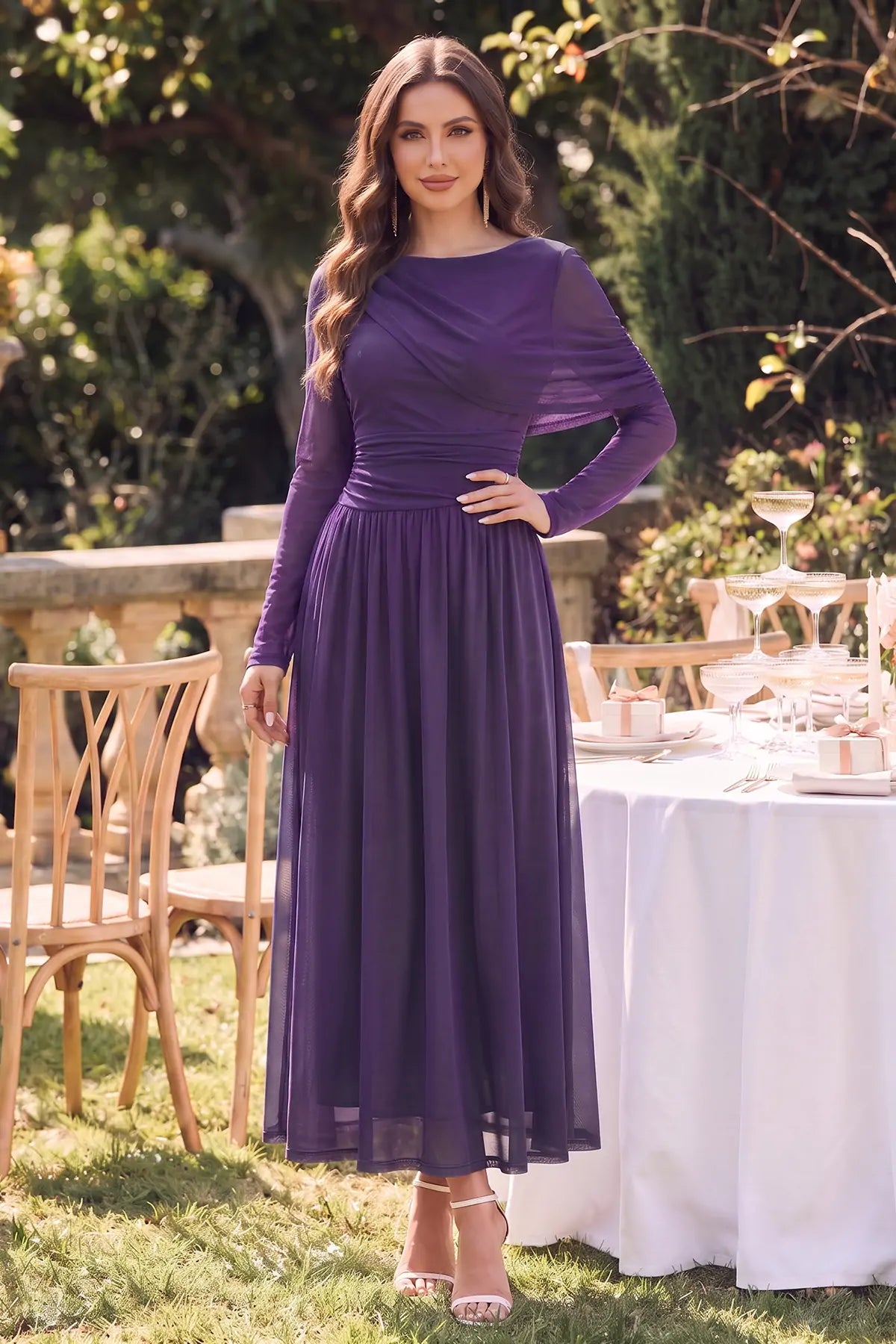 Wenrine Womens Dark Purple Long Sleeve Maxi Dress