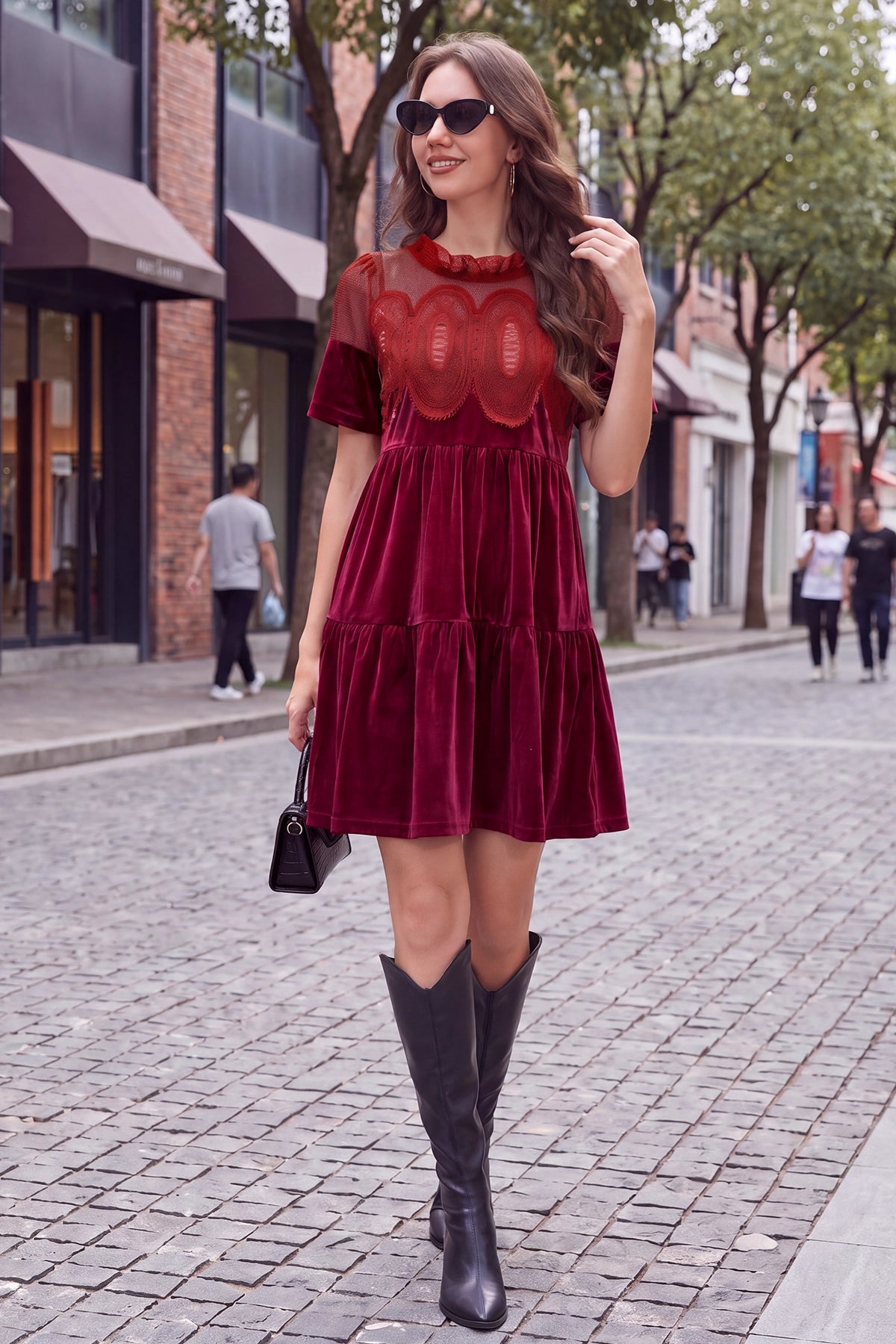 Wenrine Womens Burgundy Velvet Mini Dress