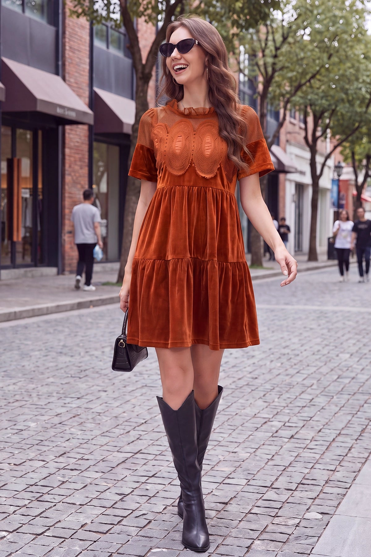 Wenrine Womens Caramel Velvet Mini Dress