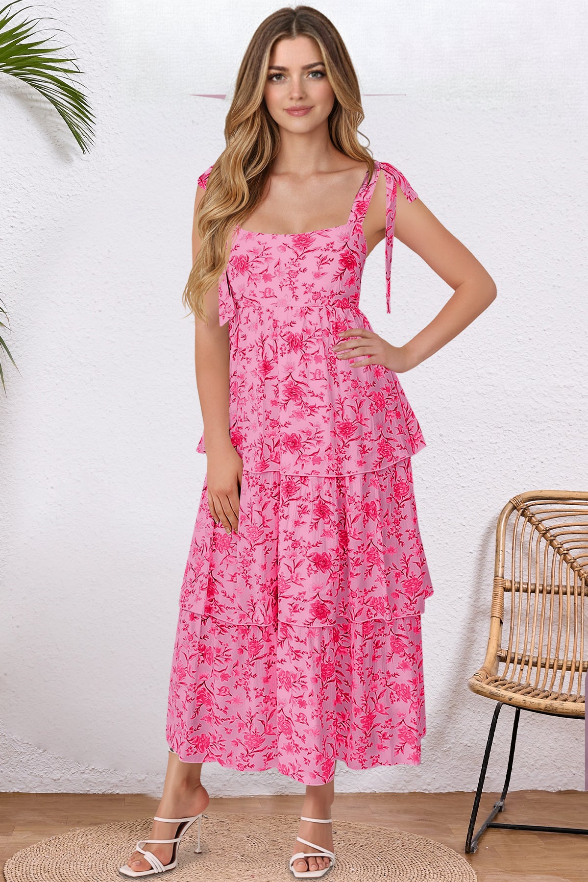 Wenrine Womens Light Pink Floral Tie Strap Tiered Smocked Dresses