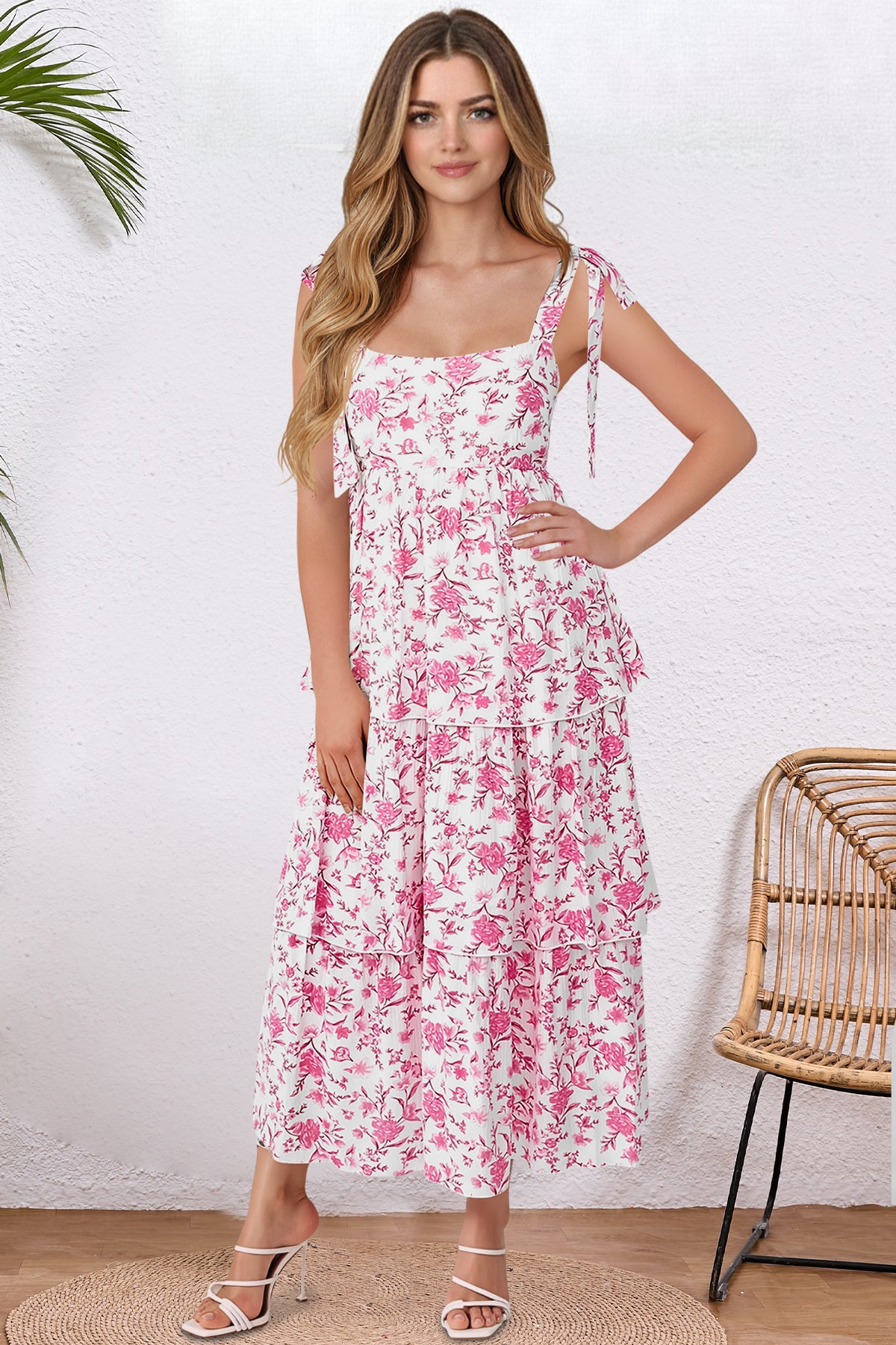 Wenrine Womens Pink Floral Tie Strap Tiered Smocked Dresses