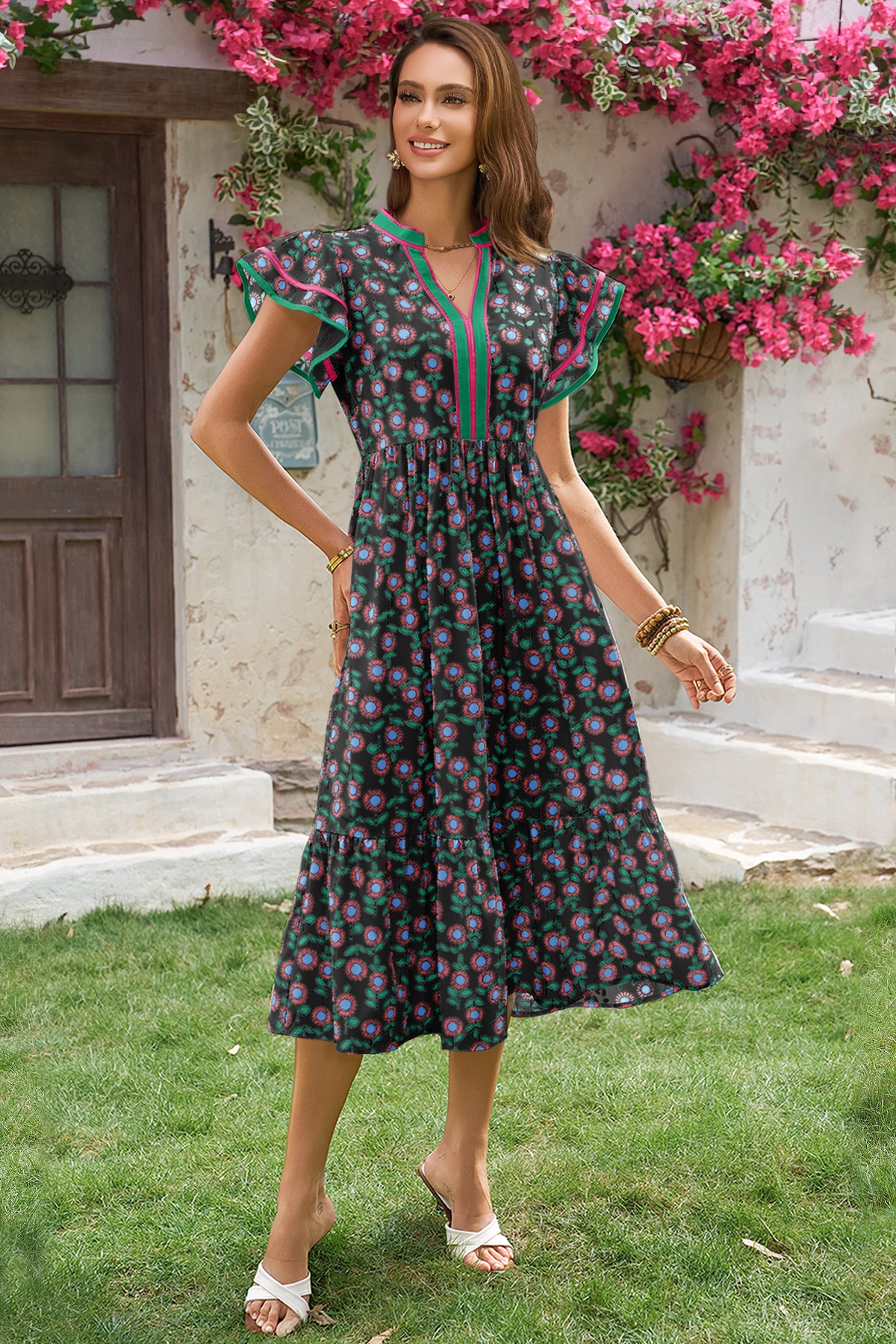 Wenrine Women's Black Cap Sleeve Floral Midi Beach Dress