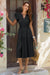 Wenrine Womens Black Cap Sleeve Lace Elastic Waist Beach Dresses
