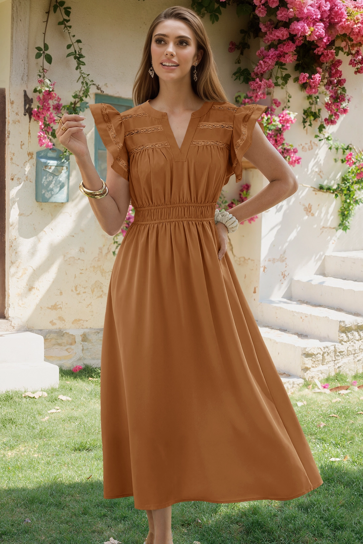 Wenrine Womens Caramel Cap Sleeve Lace Elastic Waist Beach Dresses