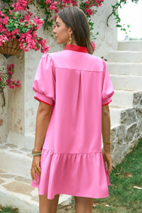 Wenrine Womens Pink Puff Sleeve Mini Dress with Pockets