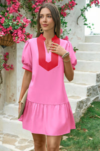 Wenrine Womens Pink Puff Sleeve Mini Dress with Pockets