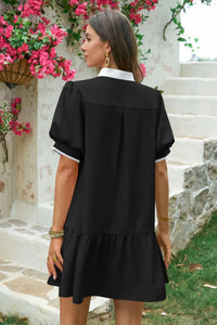 Wenrine Womens Black Puff Sleeve Mini Dress with Pockets