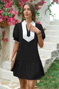 Wenrine Womens Black Puff Sleeve Mini Dress with Pockets