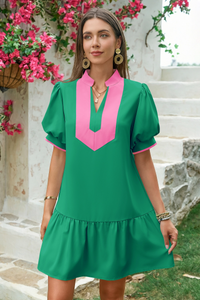 Wenrine Womens Green Puff Sleeve Mini Dress with Pockets