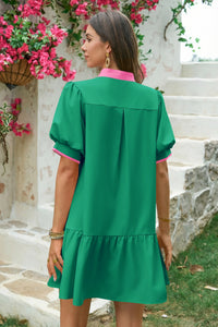 Wenrine Womens Green Puff Sleeve Mini Dress with Pockets