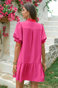 Wenrine Womens Rose Red Puff Sleeve Mini Dress with Pockets