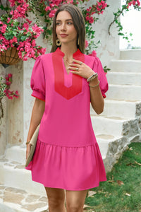 Wenrine Womens Rose Red Puff Sleeve Mini Dress with Pockets