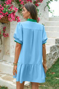 Wenrine Womens Sky Blue Puff Sleeve Mini Dress with Pockets