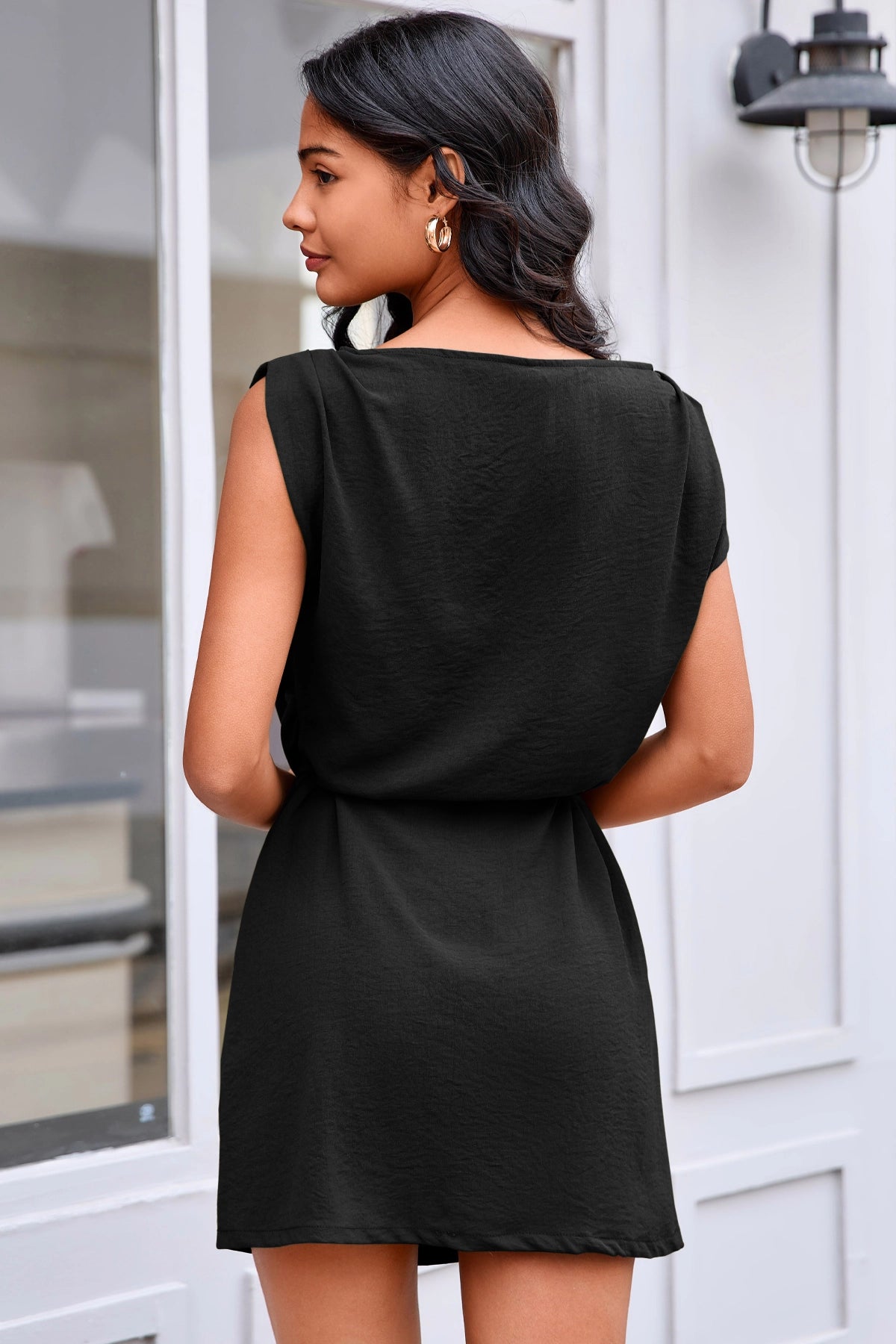 Wenrine Womens Black Cap Sleeve Removable Belt Mini Dresses