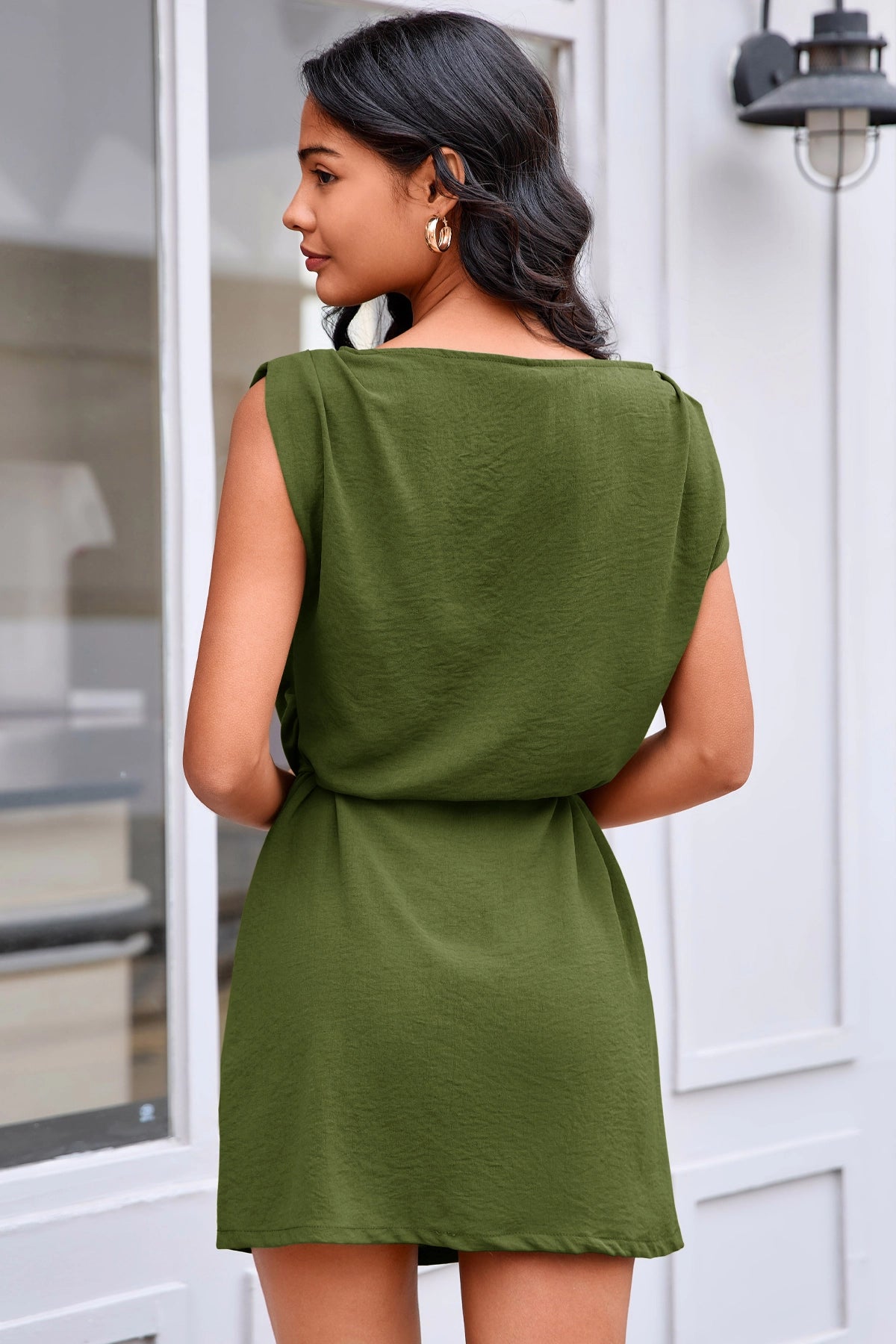 Wenrine Womens Army Green Cap Sleeve Removable Belt Mini Dresses