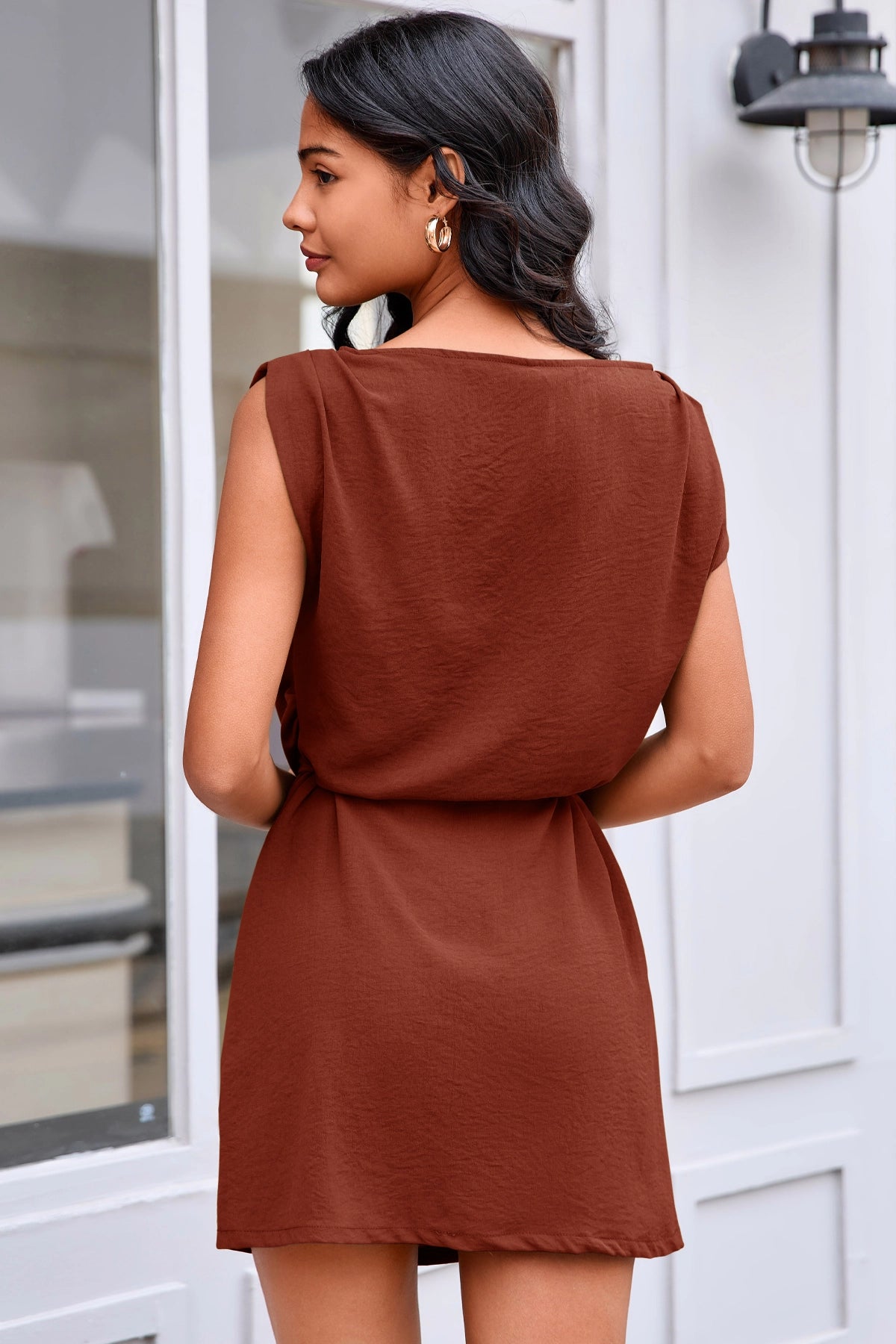 Wenrine Womens Red&Brown Cap Sleeve Removable Belt Mini Dresses