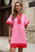 Wenrine Womens Pink Color Block Puff Sleeve Shirt Dresses