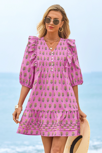 Wenrine Womens Pink 3/4 Lantern Sleeve Babydoll Mini Dress