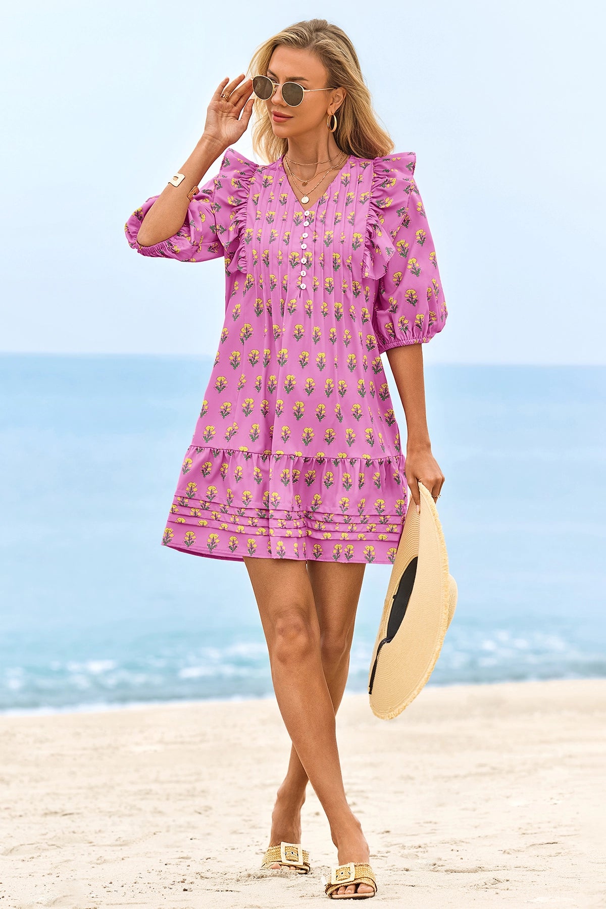 Wenrine Womens Pink 3/4 Lantern Sleeve Babydoll Mini Dress