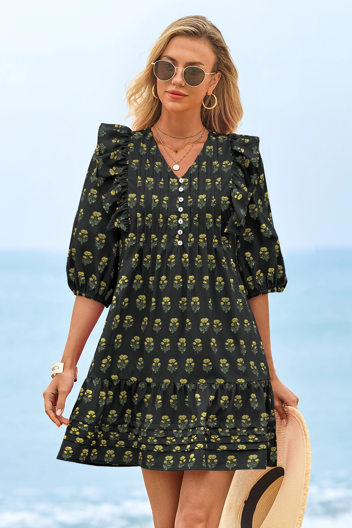 Wenrine Womens Black 3/4 Lantern Sleeve Babydoll Mini Dress