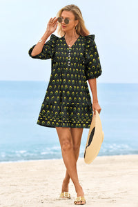 Wenrine Womens Black 3/4 Lantern Sleeve Babydoll Mini Dress