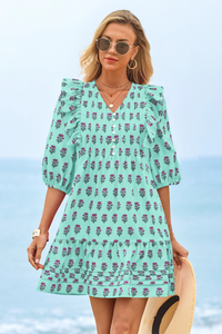 Wenrine Womens Lake Green 3/4 Lantern Sleeve Babydoll Mini Dress