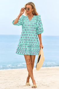 Wenrine Womens Lake Green 3/4 Lantern Sleeve Babydoll Mini Dress