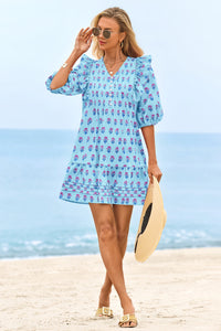 Wenrine Womens Sky Blue 3/4 Lantern Sleeve Babydoll Mini Dress