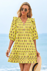 Wenrine Womens Yellow 3/4 Lantern Sleeve Babydoll Mini Dress